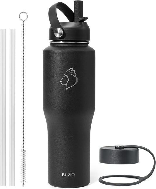 BUZIO 40oz Insulated Water Bottle Fits in Any Car Cup Holders, 40oz Vacuum Insulated Tumbler with Lids and Straw for Water, Travel Mug Cupholder Friendly, Leakproof Keep Cold & Hot, Indigo Crush