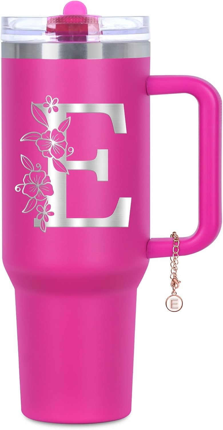 Personalized 40 oz Monogrammed Tumbler with Handle and Flip Straw Lid, 100% Leak Proof stainless steel Insulated Tumbler, Customized Initial Funny Gifts for Women Mom Sisters Coworker, A
