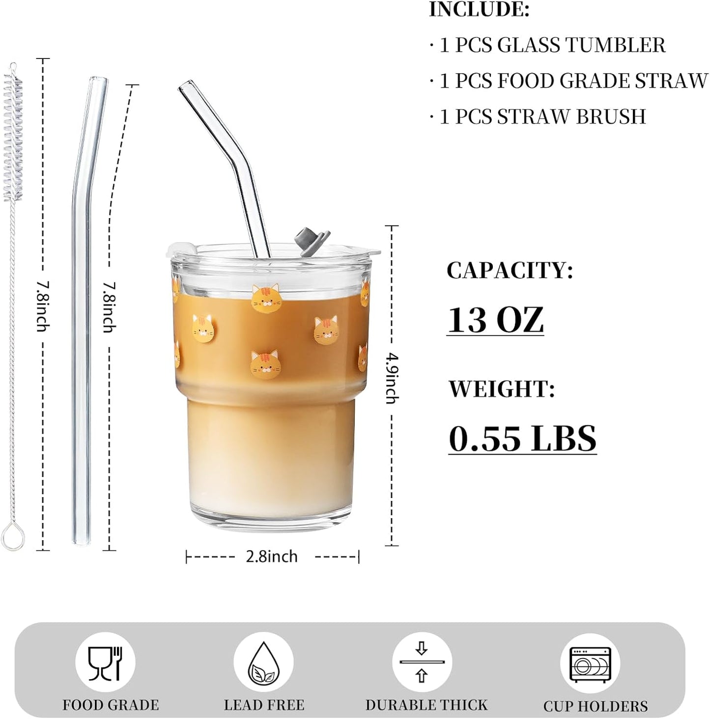 Olvini 13oz Glass Tumbler with Straw and Lid, Reusable Iced Coffee Cup Tumbler, Cute Glass Cups for Water, Matcha, Travel Coffee Mugs (Daisy)
