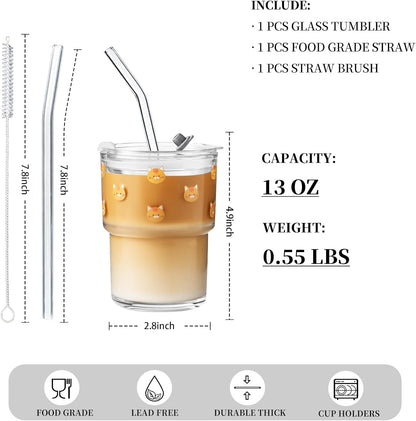 Olvini 13oz Glass Tumbler with Straw and Lid, Reusable Iced Coffee Cup Tumbler, Cute Glass Cups for Water, Matcha, Travel Coffee Mugs (Daisy)