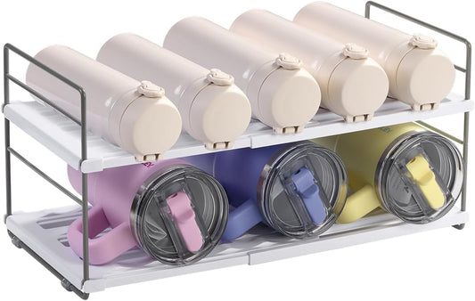Water Bottle Organizer For Cabinet, Adjustable Tumbler Storage, Expandable 2 Tier Cup Organizer For Kitchen, Water Bottle Shelf Rack Holder For Pantry Countertop Fridge, White