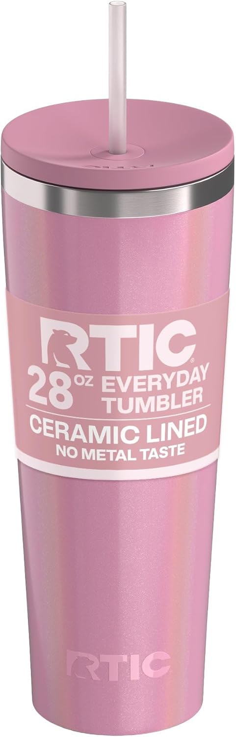 RTIC 20oz Everyday Tumbler Insulated Stainless Steel Portable Travel Coffee Cup with Straw, Ceramic Lining, Spill-Resistant Lid, BPA-Free, Hot and Cold Drink, Beach