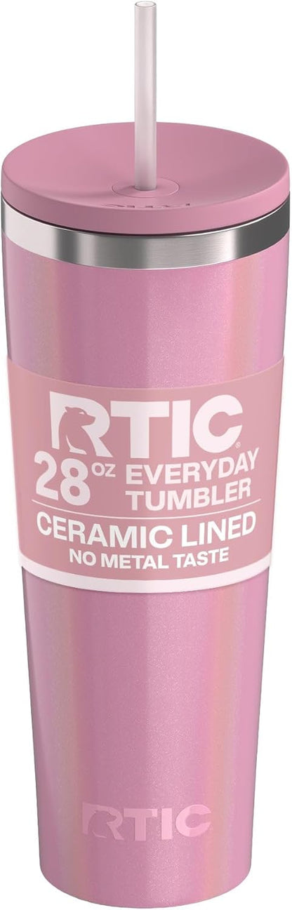 RTIC 20oz Everyday Tumbler Insulated Stainless Steel Portable Travel Coffee Cup with Straw, Ceramic Lining, Spill-Resistant Lid, BPA-Free, Hot and Cold Drink, Beach