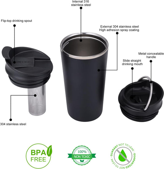 GiNT 17oz Travel Tea Mug with Infuser, 2 Lids. Vacuum Insulated 316 Stainless Steel Coffee Mug. Dishwasher Safe Tea Cup with Strainer for Hot & Cold Brew Coffee. Mothers Day Gifts for Mom (White)