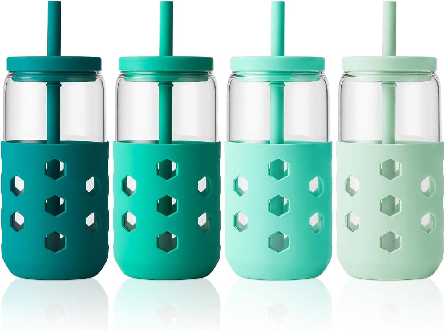 Mrsdry Glass Cups with Lids and Straws (4 Pcs), 16oz Drinking Glasses Set with Silicone Sleeves for Coffee Bar Accessories Iced Coffee Cups with Lids, Glass Tumbler Reusable for Gifts
