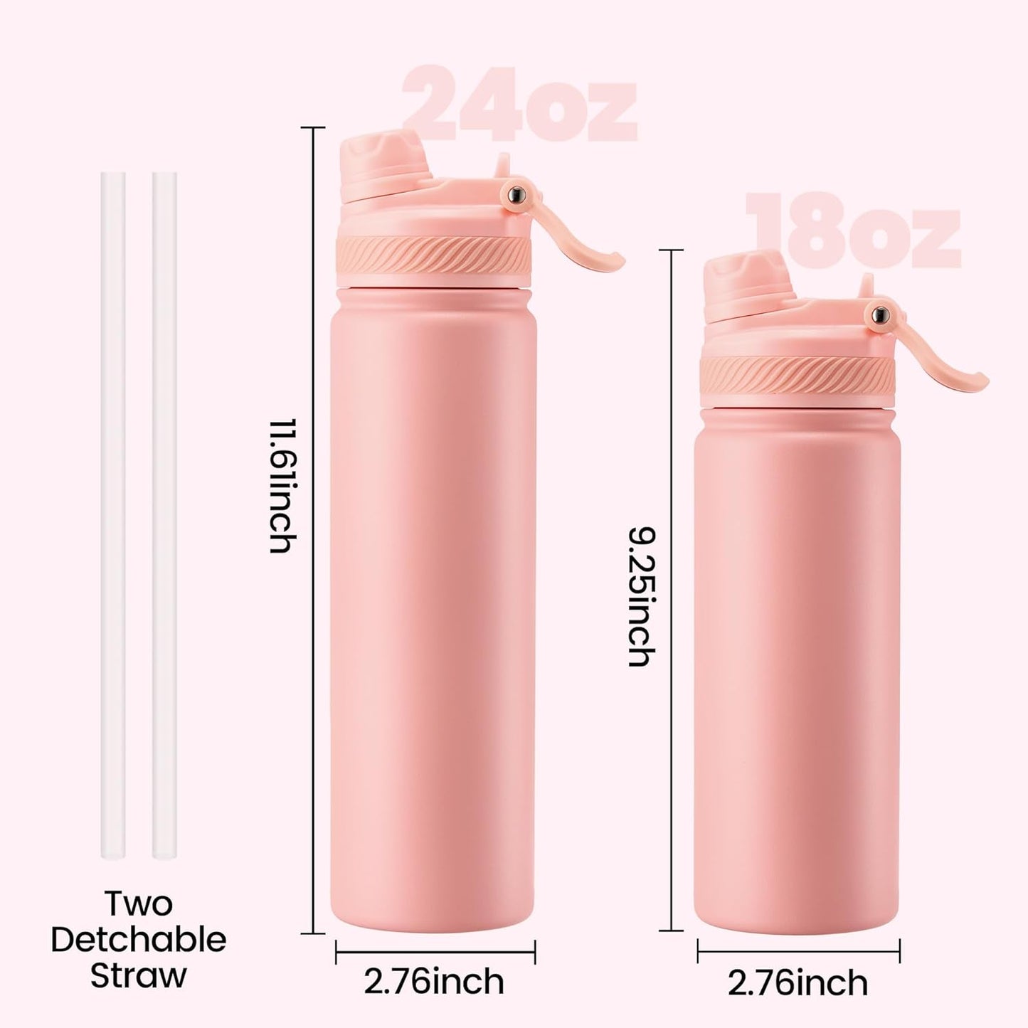 Fijinhom 18 oz Insulated Water Bottle, 2-in-1 Straw and Spout Lid Stainless Steel Thermos, Leak-Proof, Double Wall Vacuum Flask, Keep Cold 24H for Outdoor, Sports, Travel, School (Black)