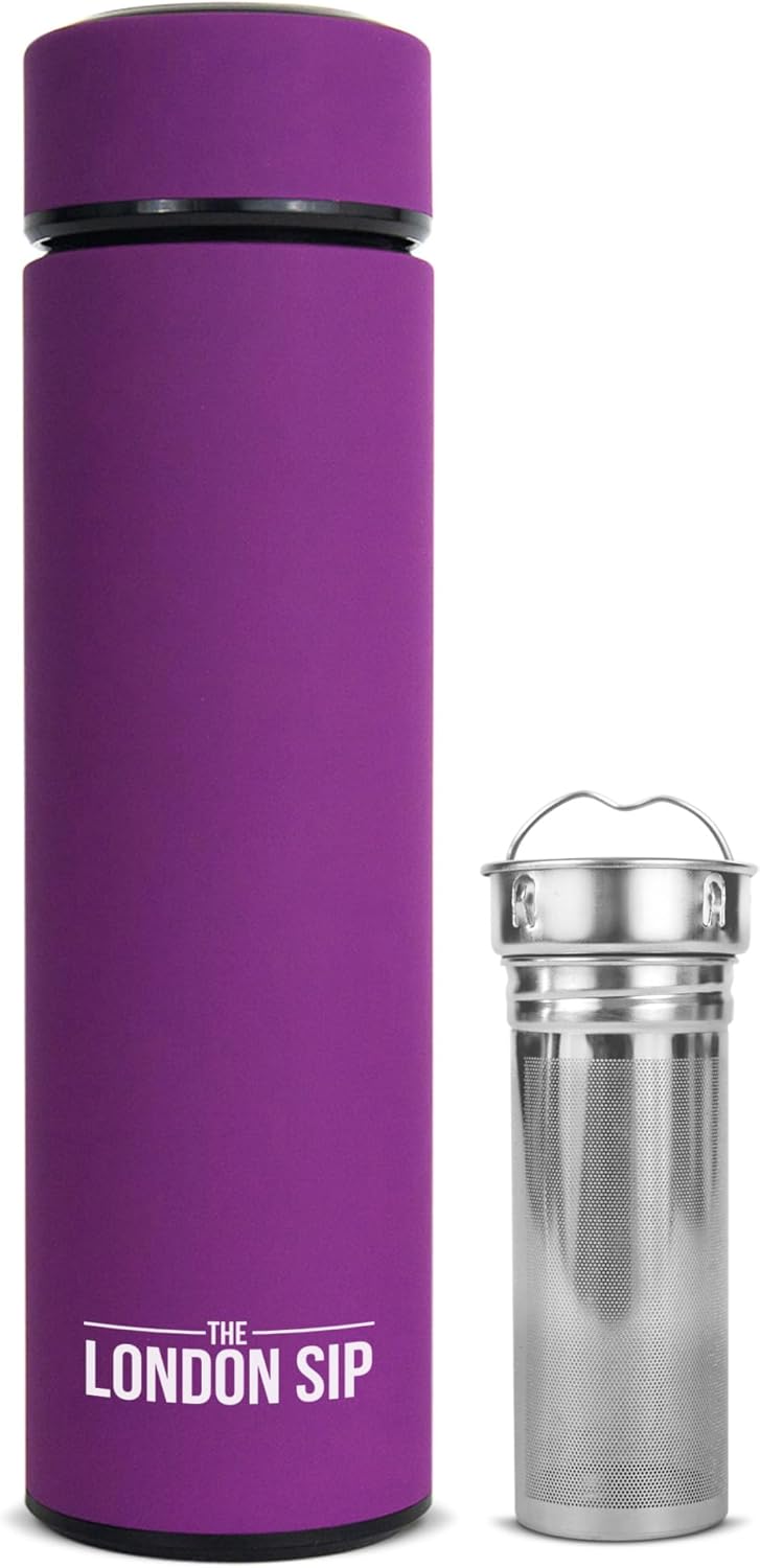The London Sip Multi-Purpose Travel Mug and Tumbler Fruit Infused Flask Hot and Cold Double Wall Stainless Steel Thermos with Extra-Long Infuser, Purple