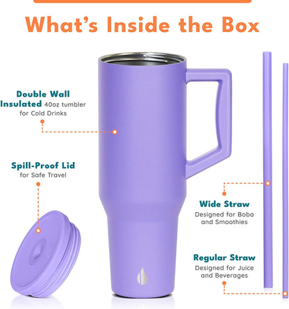 Elemental 32 oz 100% Leak Proof Tumbler with Handle & Straw - Stainless Steel Double Wall Insulated Tumbler for Hot and Cold Beverages - Travel Coffee Mug with Sip & Straw Lid - White - Colors B