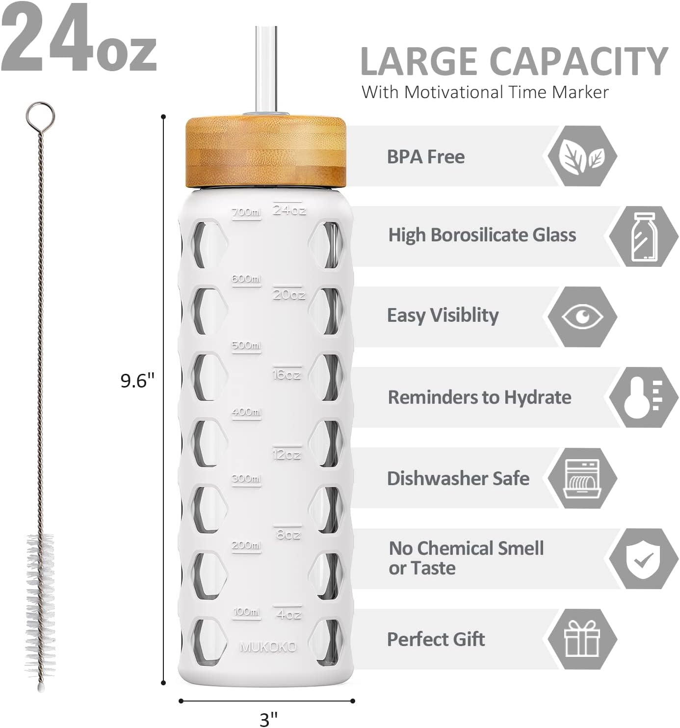MUKOKO Glass Water Bottles, 32oz Glass Tumbler with Straw, Drinking Bottles with 2 Lids-Handle Spout Lid&Bamboo Straw Lid, Motivational Water Bottle with Time Marker and Silicone Sleeve, 1 Pack-Olive