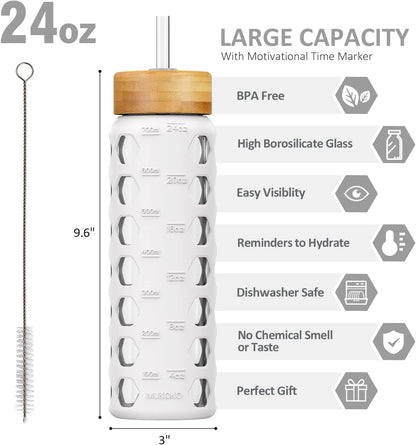 MUKOKO Glass Water Bottles, 32oz Glass Tumbler with Straw, Drinking Bottles with 2 Lids-Handle Spout Lid&Bamboo Straw Lid, Motivational Water Bottle with Time Marker and Silicone Sleeve, 1 Pack-Olive