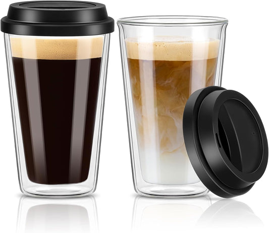 Qipecedm 2 Pack Double Walled Insulated Coffee Mugs with Silicone Lids, 12 OZ Reusable Coffee Cups, Cappuccino, Tea, Latte, Iced Coffee Cups, Travel Mugs, Heat Resistant