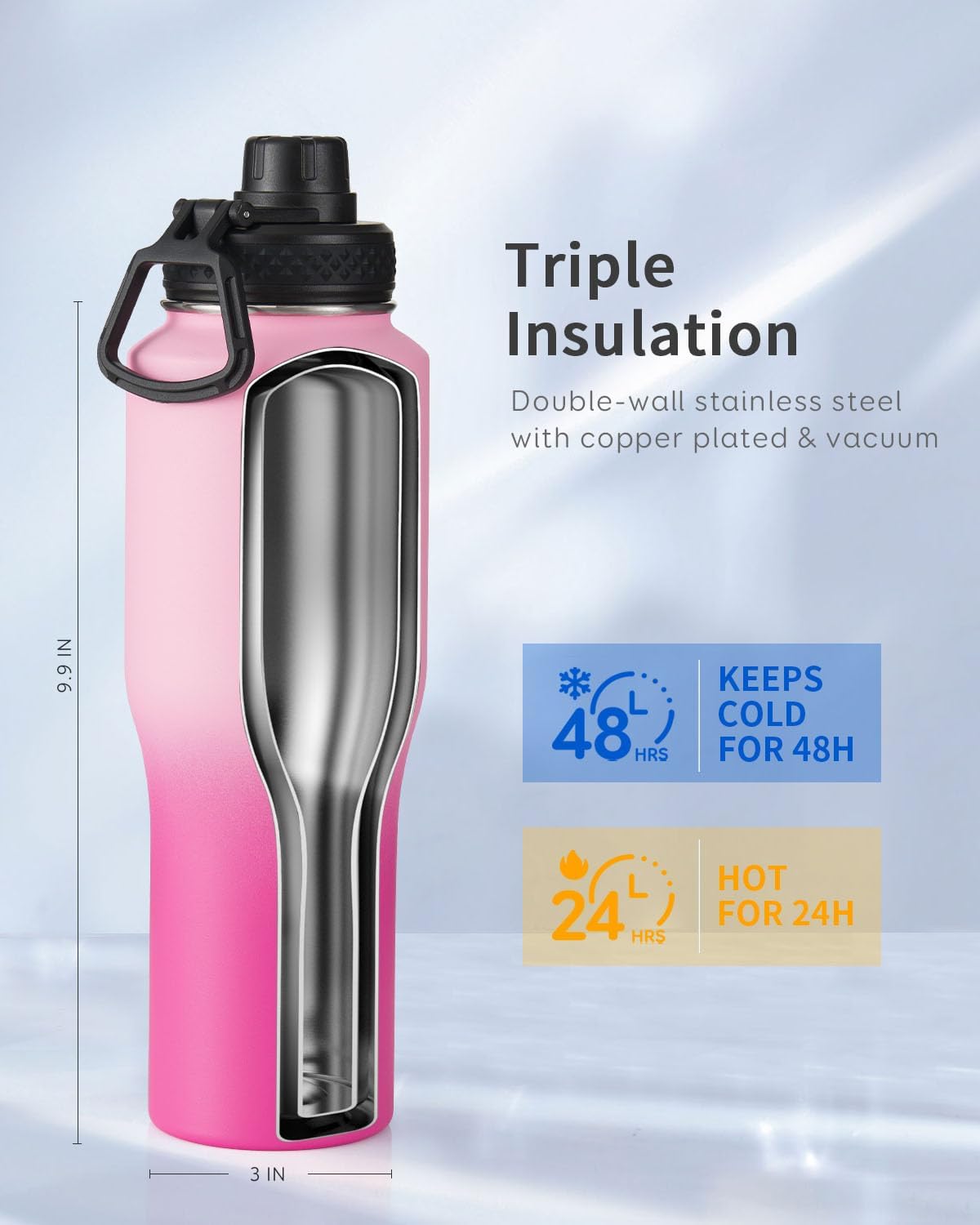 Trebo 40 oz Water Bottle Insulated Fit Car Cup Holder with Handle, Stainless Steel Water Bottles Tumbler with Spout Straw Lids, Double Wall Travel Reusable Flask, Leakproof Mug,Keep Cold &Hot,Black