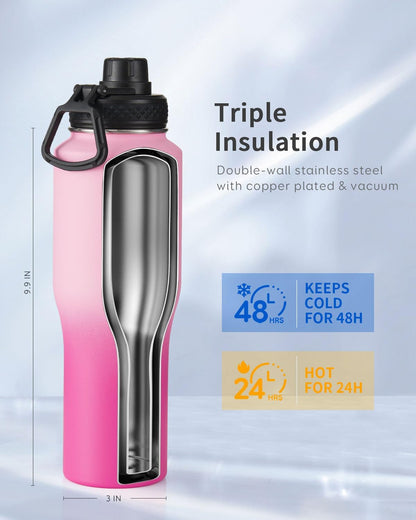 Trebo 40 oz Water Bottle Insulated Fit Car Cup Holder with Handle, Stainless Steel Water Bottles Tumbler with Spout Straw Lids, Double Wall Travel Reusable Flask, Leakproof Mug,Keep Cold &Hot,Black