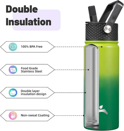 Konokyo 22oz Stainless Steel Bottles with 3 Lids Sport Insulated Water Bottle,Mint