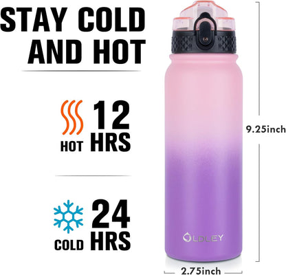 Oldley Insulated Water Bottle 20oz for Adults Kids Stainless Steel Water Bottles with Straw/Chug/Carabiner 3 Lids Fruit Strainer Double Wall Vacuum Wide Mouth BPA Free Leak-Proof for School Travel