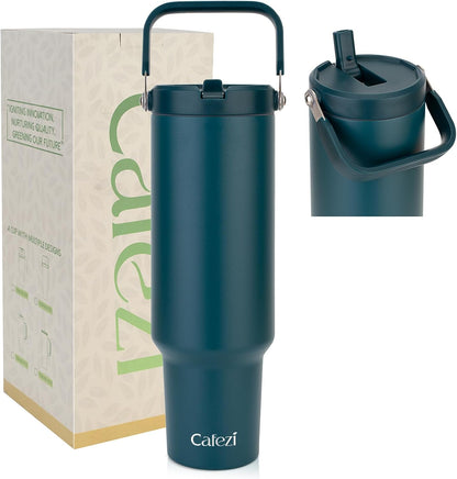40 oz Insulated Tumbler with Top Handle and Flip Straw, Vacuum Insulated Stainless Steel Cup with Leak-Proof Lid, Sweat-Free, Fits Cup Holder, Keeps Ice Cold up to 30 Hours