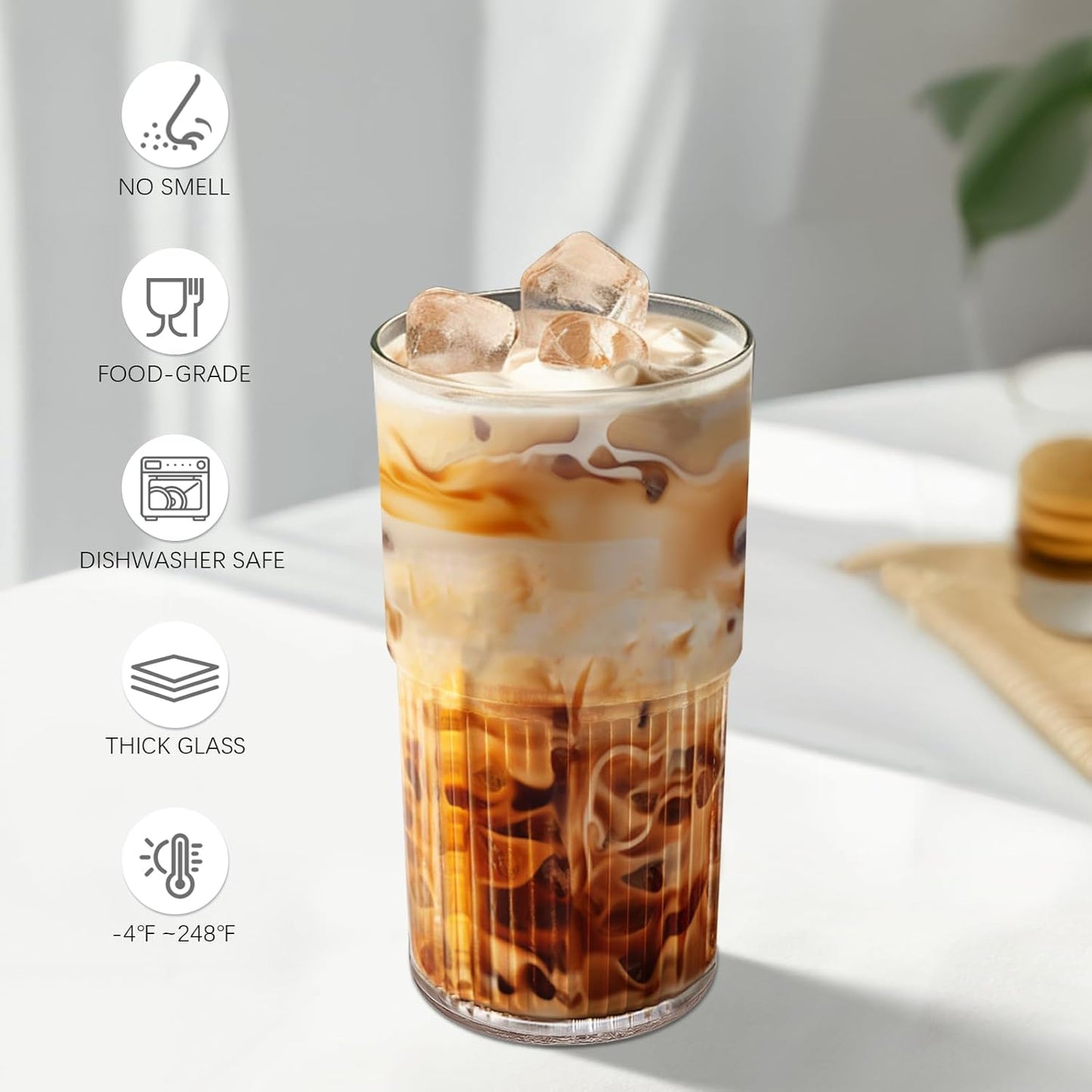 Luiaiog 20 oz Glass Cups with Lids and Straws – Single Reusable Tumbler, Thickened Shatter-Resistant Glass, Ideal for Iced Coffee, Smoothies, Cocktails, Juices – Elegant & Durable Drinkware
