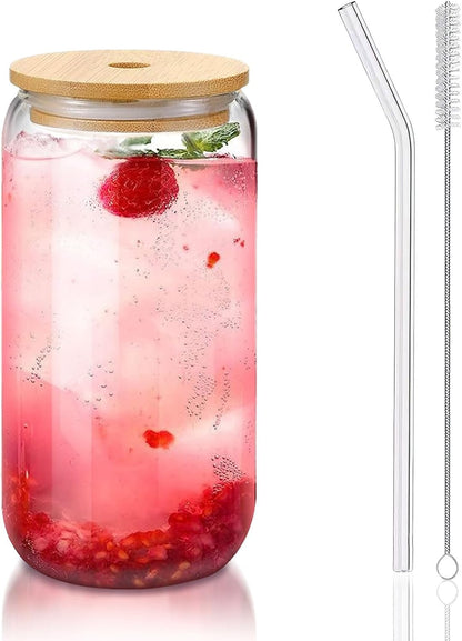 Glass Cups with Lids and Straws 1Pack,Glass Coffee Cups,Glass Cup with Lid for Iced Coffee,Smoothie,Cocktail,Beer,Whiskey,Soda,Matcha,16 Oz Glass Cup with Bamboo Lid,1 Brush