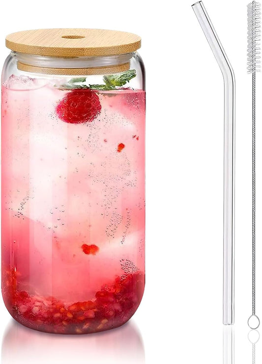 Glass Cups with Lids and Straws 1Pack,Glass Coffee Cups,Glass Cup with Lid for Iced Coffee,Smoothie,Cocktail,Beer,Whiskey,Soda,Matcha,16 Oz Glass Cup with Bamboo Lid,1 Brush