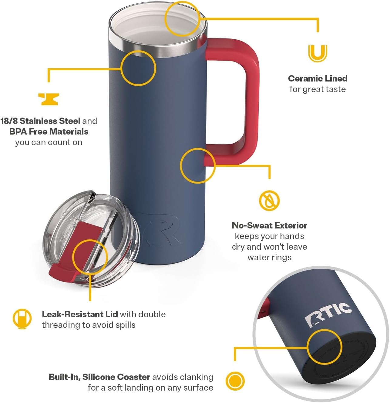 RTIC 20oz Road Trip Travel Mug with Lid and Handle, Ceramic Lined, Insulated, Stainless Steel, Metal, Double Wall Vacuum-Insulation, Portable Coffee, Tea Cup for Hot and Cold Drink, Black