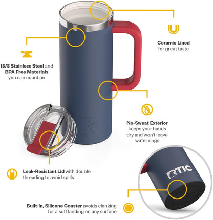 RTIC 20oz Road Trip Travel Mug with Lid and Handle, Ceramic Lined, Insulated, Stainless Steel, Metal, Double Wall Vacuum-Insulation, Portable Coffee, Tea Cup for Hot and Cold Drink, Black