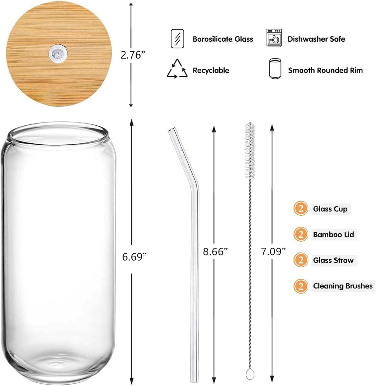 Glass Cups with Lids and Straws Set of 2 - Iced Coffee Cups with Lids for Cold Brew and Beer, 20 oz Can Shaped Glass with Bamboo Lids and Straws - Aesthetic Coffee Bar Gift for Coffee Lovers