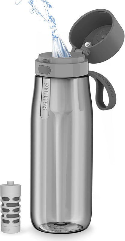 PHILIPS Filtered Water Bottle, BPA-Free Tritan Plastic Water Bottles, Replaces 450 Plastic Water Bottle with Reusable GoZero Everyday Water Filter, Portable Filtering Bottle for Travel, 22 oz, Green