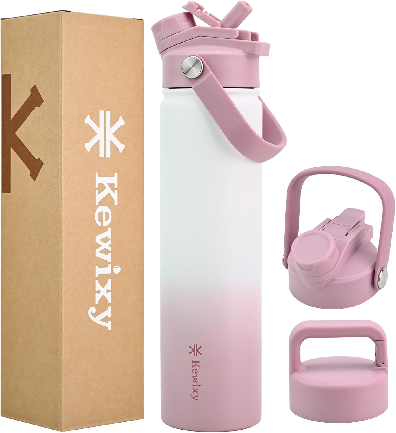 KEWIXY 32 oz Insulated Water Bottle, 2-in-1 Lid, Straw & Spout with Protected, Leak Proof, Keep Cold, Stainless Steel, Metal, Reusable, Handle, for Outdoor, Gym and School, 2 Lids, Blush Pink