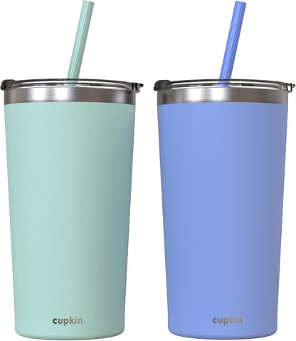 CUPKIN Stainless Steel Insulated Tumbler with Lid and Straw, 20 oz Stainless Steel Cups, Set of 2 Travel Coffee Mug for Adults, Iced Coffee Cup with Lid, Tumbler for Travel (Coral + Yellow)