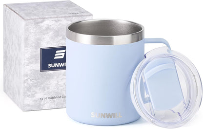 SUNWILL Travel Coffee Mug with Lid, Insulated Tumbler with Handle, 14 oz Stainless Steel Cup for Ice, Water, Tea, Rose Gold