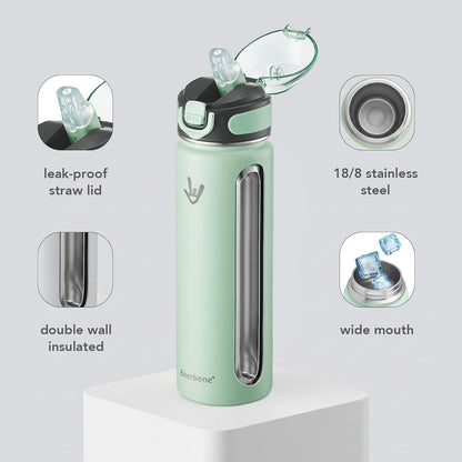 Enerbone 24 oz Insulated Water Bottle, Stainless Steel Bottle with Carrying Strap, Double-Wall Vacuum Insulation Design, Leakproof Sports Bottle with Straw, Keep Drinks Cold or Hot for Hours