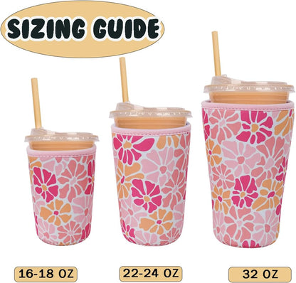 Reusable Insulated Neoprene Iced Coffee Cup Sleeve, Durable Drink Sleeve for Cold Beverages, Beverage Holder for Iced Coffee, Floral Checkers