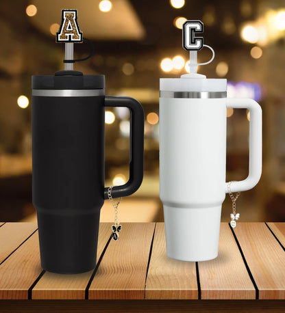 （3 +3) 3PCS Nuozme Straw Cover 10mm For Stanley Tumbler Cup Reusable Straw Cap Topper with 3 Initial Letter Charms Accessories Name ID Personalized Handle Charm For Stanley 30&40 Oz Cup Tumbler - Colors B