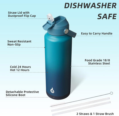 BJPKPK Insulated Water Bottle with Straw Lid, 18oz Thermo Water Bottles with Soft Nozzle, Flex Handle & Non-slip Boot, BPA Free Leak Proof Stainless Steel Metal Thermo, Tumblers, Cups,Sea Salt