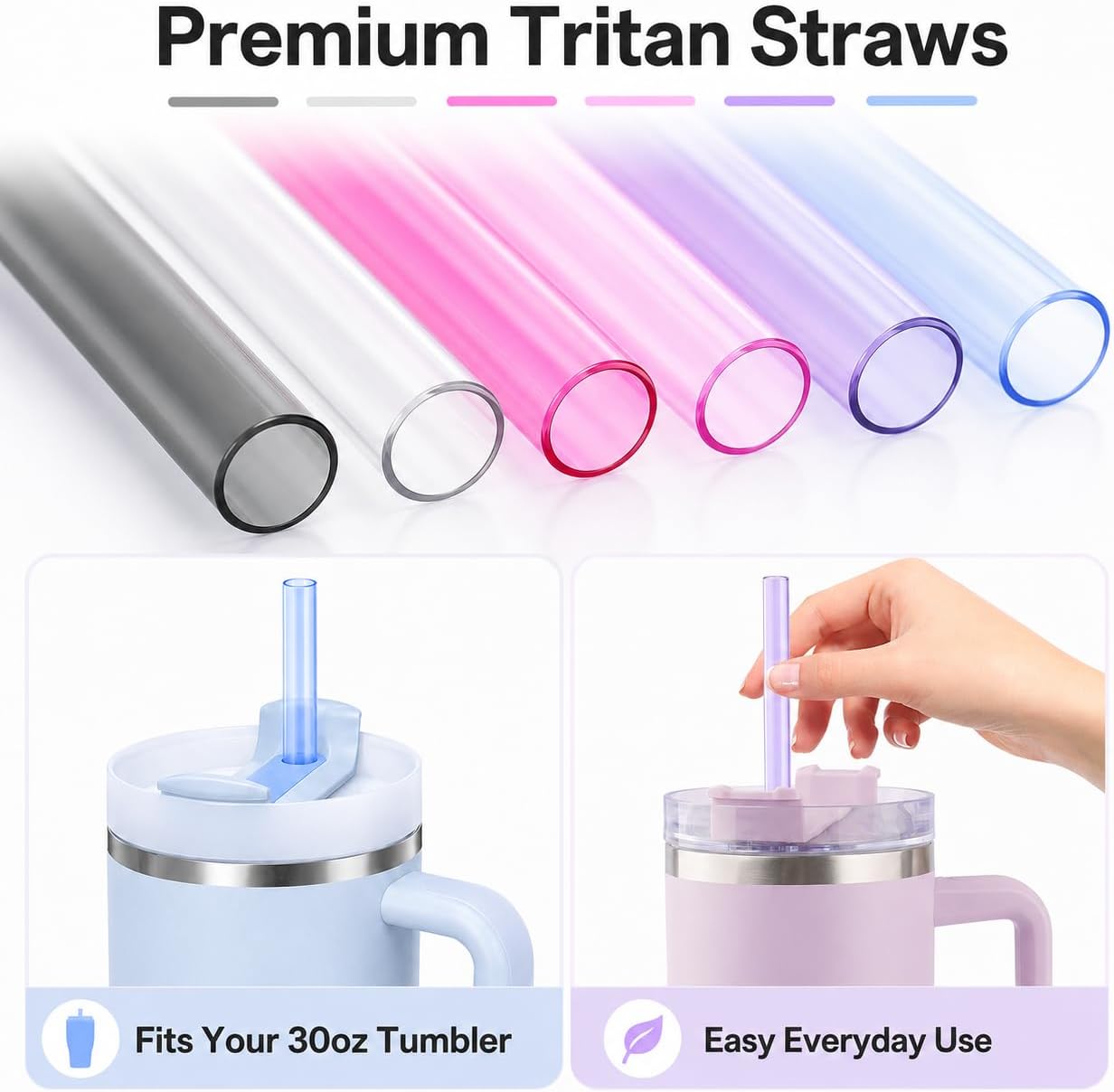 Joshey 12 Inch Tritan Replacement Straws for Stanley 40oz Tumbler - 6 Pack Reusable Long Straws with Cleaning Brush, Fits 30oz & 40oz Stanley Cup Accessories, BPA-Free (6 Colors)