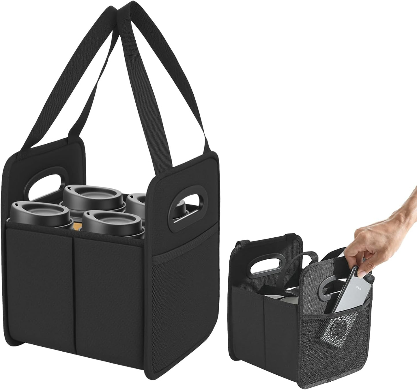 Foyego 4 Cup Drink Carrier with Handle, Reusable Insulated Drink Caddy Drink Holder for Car, Folding Portable Coffee Cup Holder Bag for Travel and Delivery