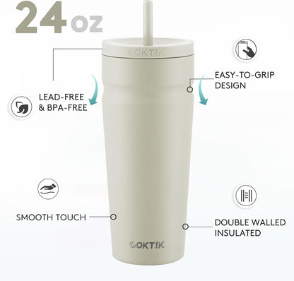 COKTIK 24oz Insulated Tumbler with Lid and Straw Iced Coffee Cup Reusable Stainless Steel Travel Mug Water Bottle Cupholder Friendly for Women Men Her Him (Blush)