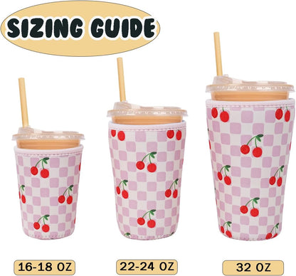 Reusable Insulated Neoprene Iced Coffee Cup Sleeve, Durable Drink Sleeve for Cold Beverages, Beverage Holder for Iced Coffee, Floral Checkers