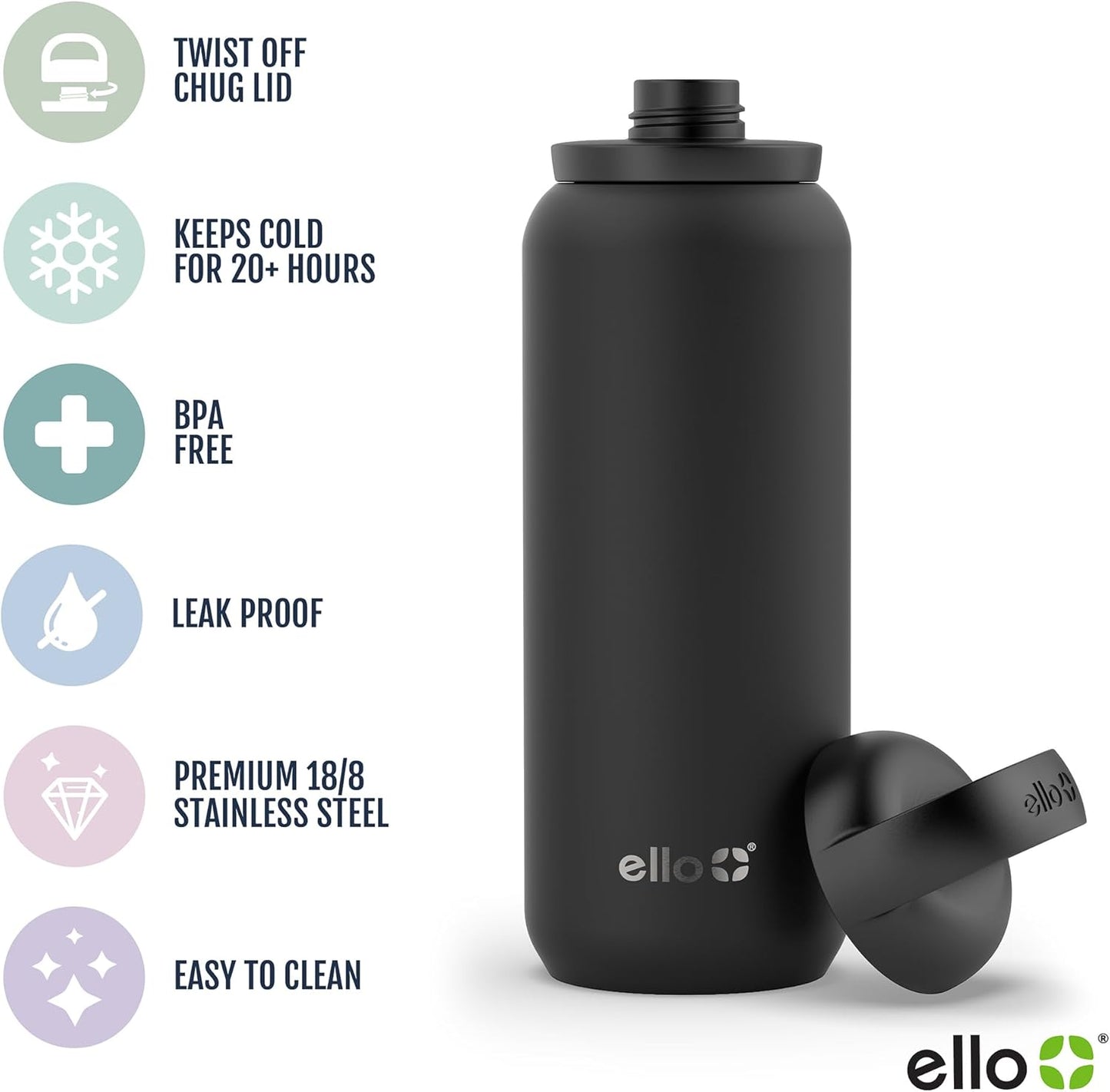 Ello Cooper 22oz Stainless Steel Water Bottle with Straw and Carry Handle, Double Walled and Vacuum Insulated Metal, Leak Proof Locking Lid with Soft Silicone Spout, Reusable, BPA Free, Lilac