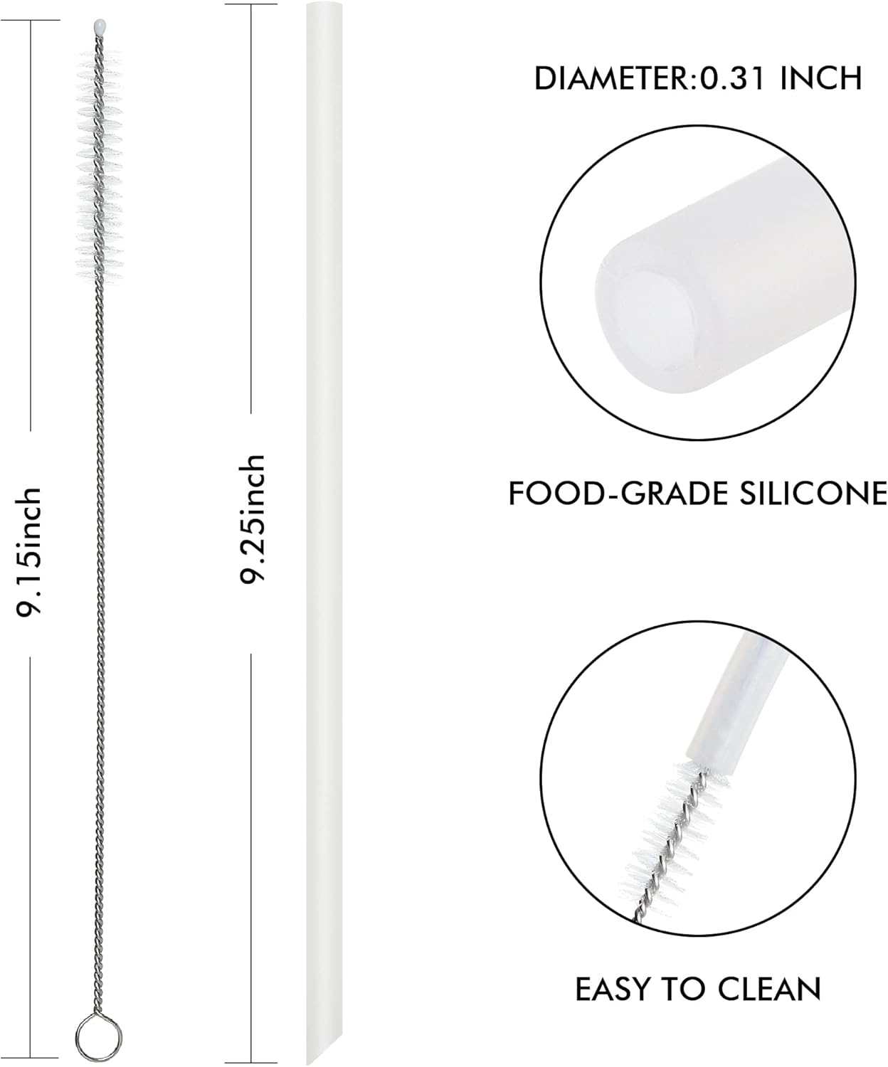 Reusable Silicone Drinking Straws, 8 Pcs Long Straight Flexible Clear Straws with 2 Cleaning Brushes for 20 oz Rtic/Ozark/Stanley Tumblers, BPA free, no Rubber Taste