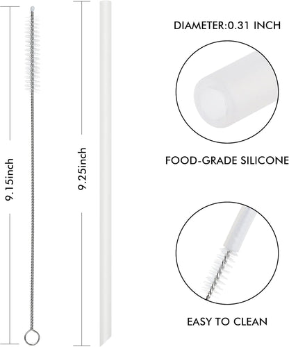 Reusable Silicone Drinking Straws, 8 Pcs Long Straight Flexible Clear Straws with 2 Cleaning Brushes for 20 oz Rtic/Ozark/Stanley Tumblers, BPA free, no Rubber Taste