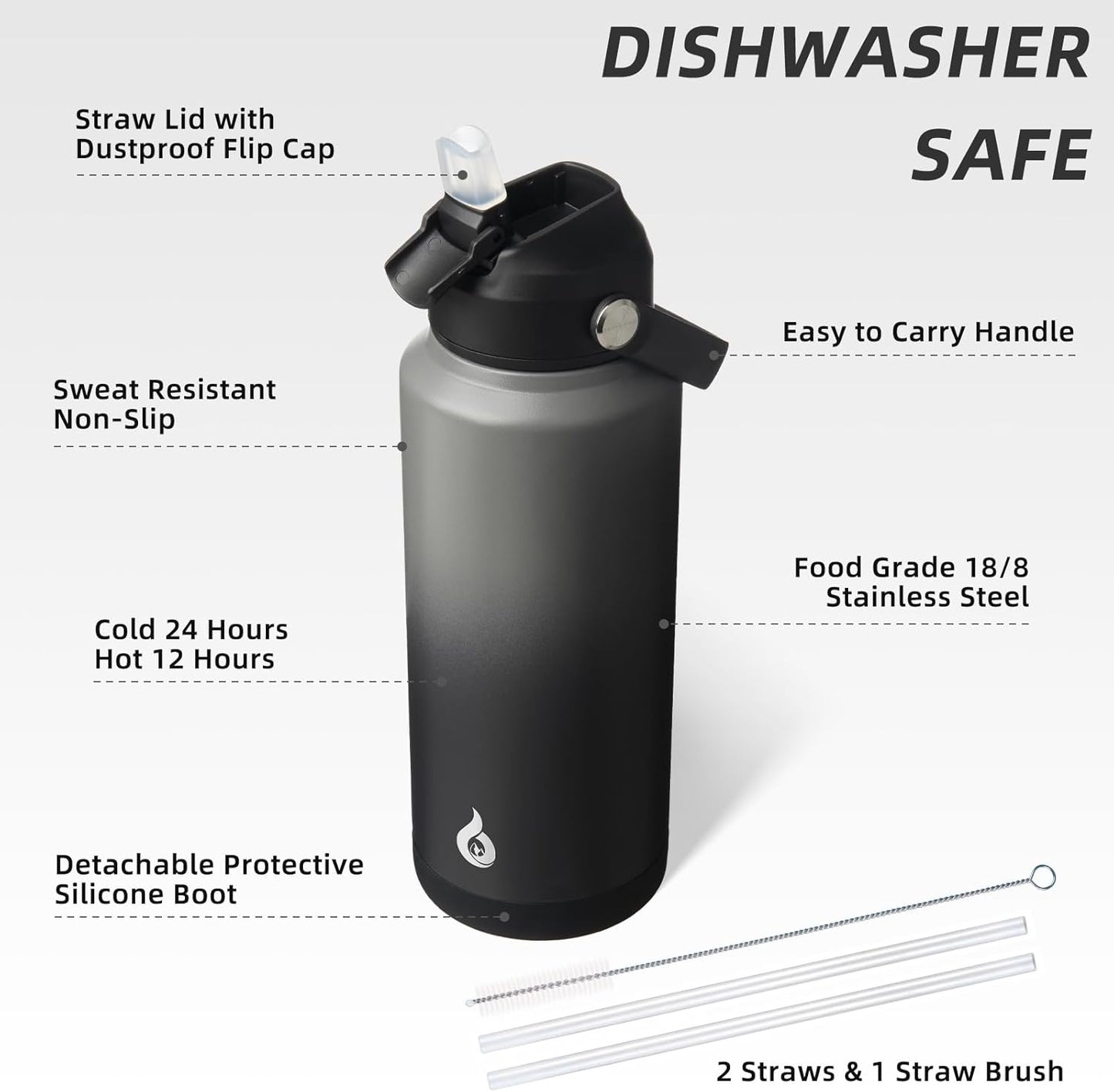 BJPKPK Insulated Water Bottle with Straw Lid, 18oz Thermo Water Bottles with Soft Nozzle, Flex Handle & Non-slip Boot, BPA Free Leak Proof Stainless Steel Metal Thermo, Tumblers, Cups,Sea Salt