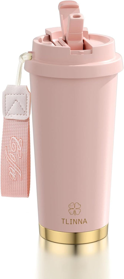 [2-IN-1 LID] Travel Mug,Coffe mug,Coffe cup,Ceramic coating Lined,316 Stainless Steel,BPA Free,Vacuum Insulated Tumbler for Water, Iced Tea or Coffee, Smoothie and More (Peony-White, 18 Onuces)