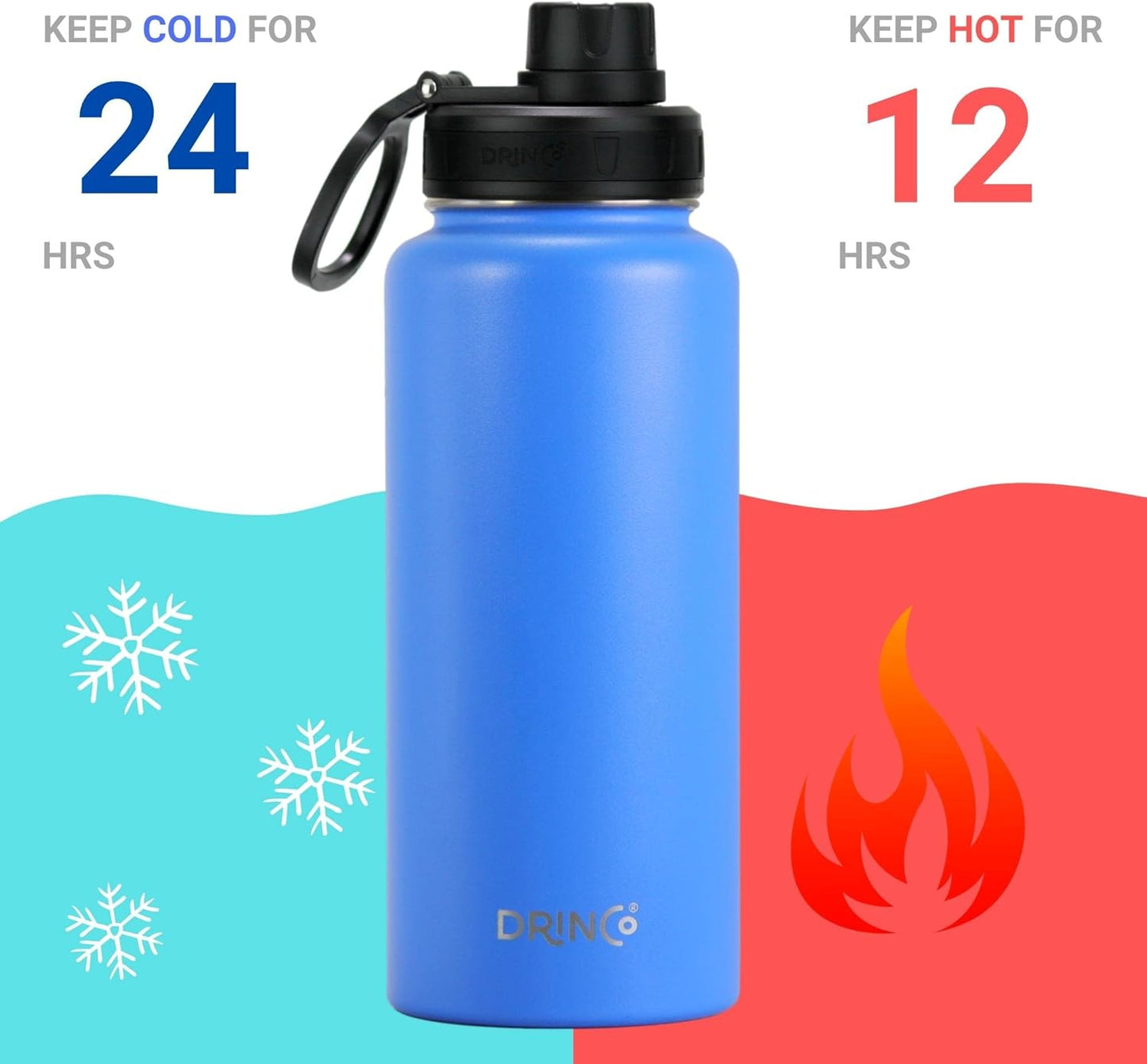 Drinco Stainless Steel Water Bottle Spout Lid Vacuum Insulated Double Wall Water Bottle Wide Mouth (40oz 32oz 22oz 18oz 14oz) Leak Proof Keep Cold Sport Camping Hiking (22 oz, 22oz Black)