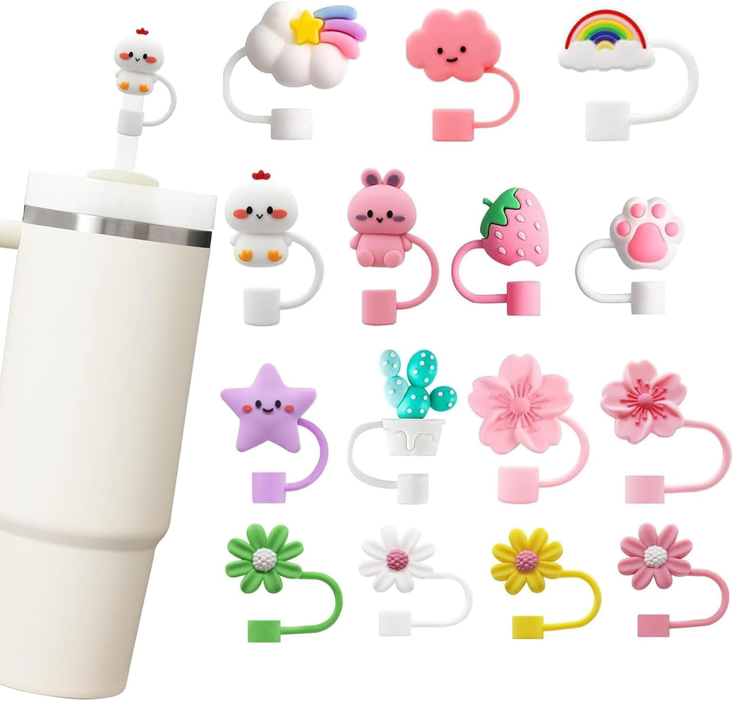 15Pcs Straw Toppers for Stanley Cup, Silicone 10mm Straw Cover Cap for Stanley 30 40oz Tumblers, Reusable Lid Accessories