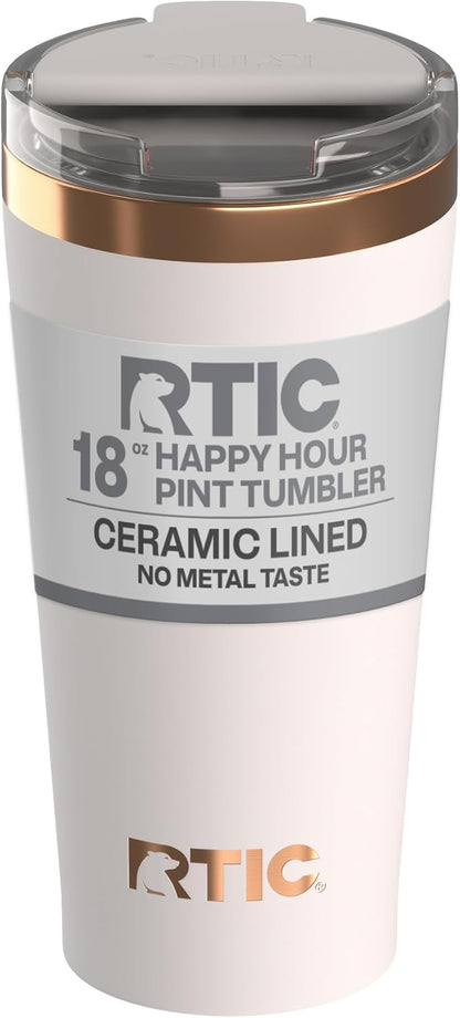 RTIC 18oz Happy Hour Pint Tumbler with Lid, Insulated, Ceramic Lined, Stainless Steel Metal, Portable Travel Cup for Hot and Cold Drink, Black Cherry