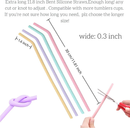 Extra long 11.8 inch Bent Silicone Straws Reusable (Set of 4 Color) Flexible Straws for 30oz-40oz Cup Tumblers - Dishwasher Safe