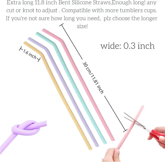 Extra long 11.8 inch Bent Silicone Straws Reusable (Set of 4 Color) Flexible Straws for 30oz-40oz Cup Tumblers - Dishwasher Safe