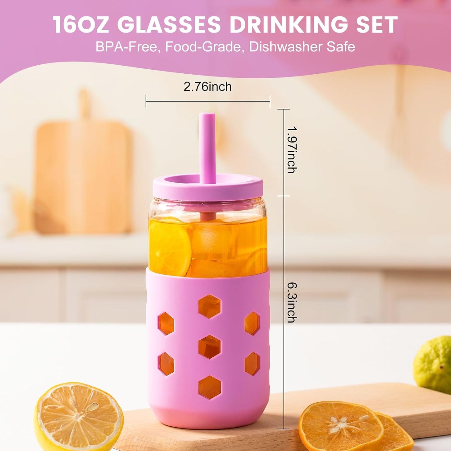 Mrsdry Glass Cups with Lids and Straws (4 Pcs), 16oz Drinking Glasses Set with Silicone Sleeves for Coffee Bar Accessories Iced Coffee Cups with Lids, Glass Tumbler Reusable for Gifts