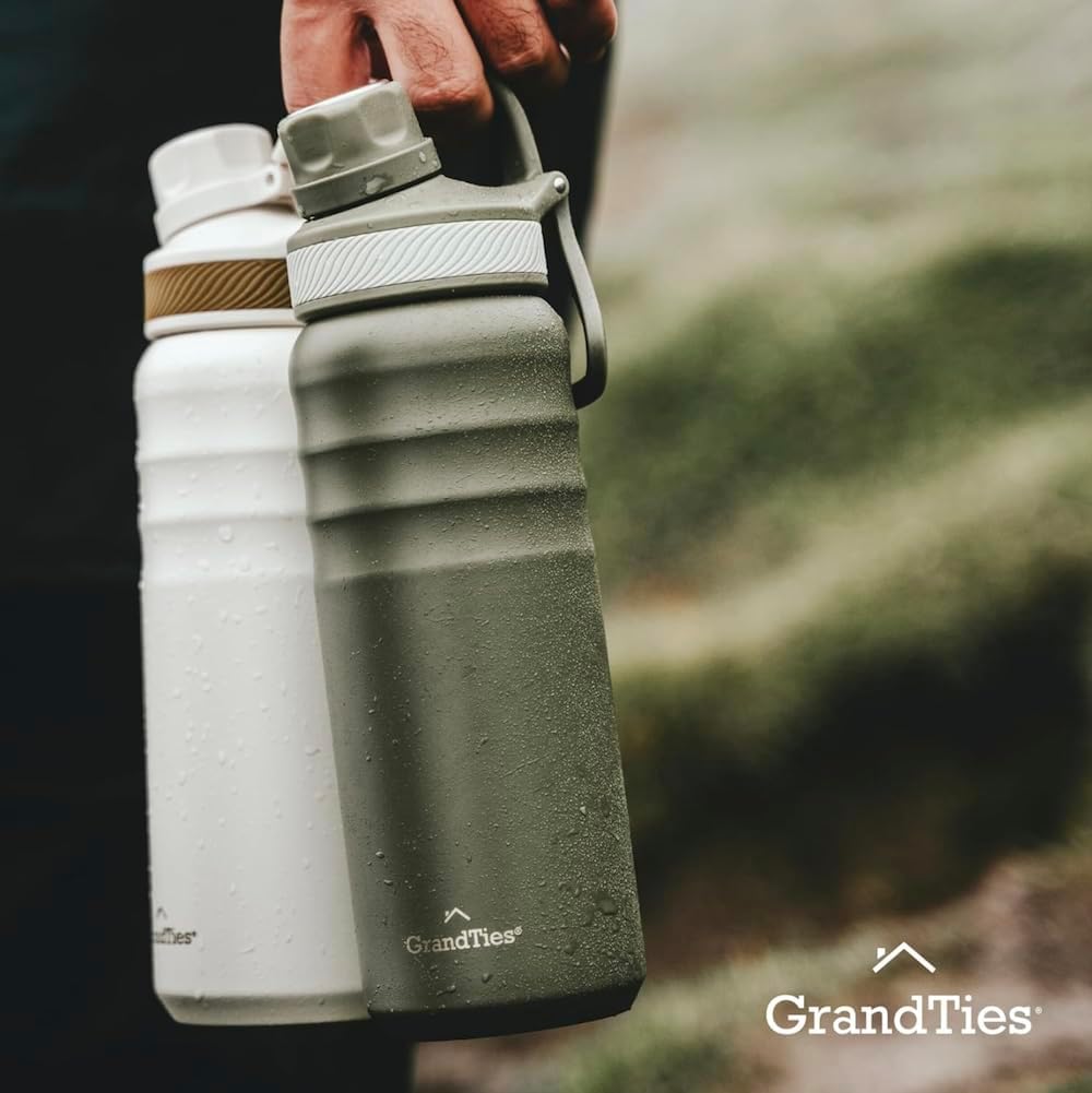 GRANDTIES 2 Lids Sports Stainless Steel Water Bottles – Wide Mouth Vacuum Insulated Reusable Leak Proof BPA-Free Travel Metal Canteen, Thermal Bottles for Men Women Gym (Ivory White 32 oz)